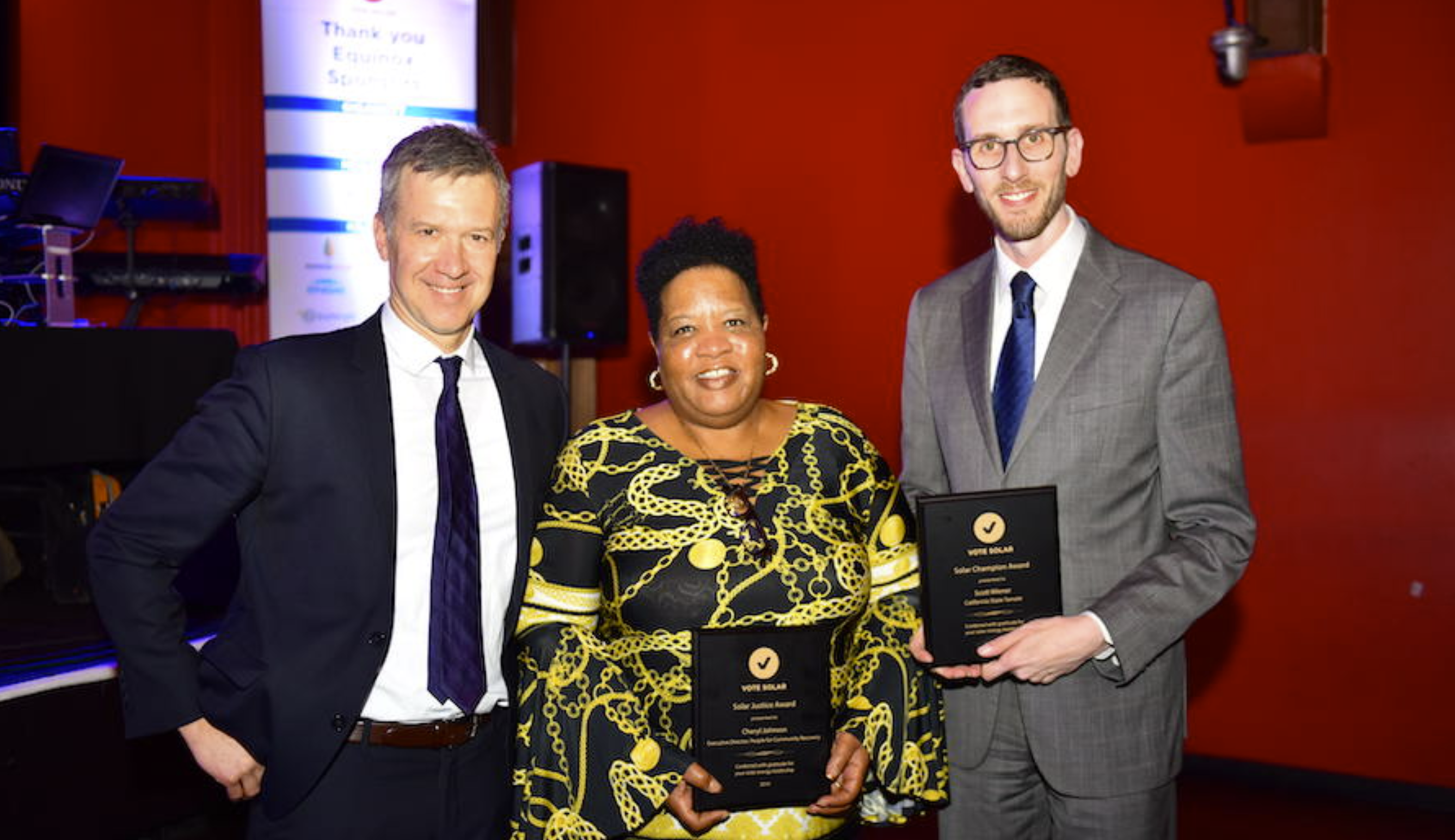 Adam with Vote Solar’s 2018 Solar Justice Award Honoree Cheryl Johnson and Solar Champion Award Honoree California State Senator Scott Wiener